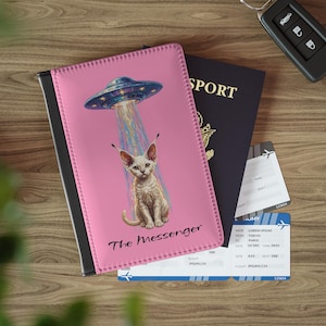 Etui na paszport dla kota The Messenger UFO Devon Rex | Uroczy kosmita z motywem kociaka | Blokada RFID