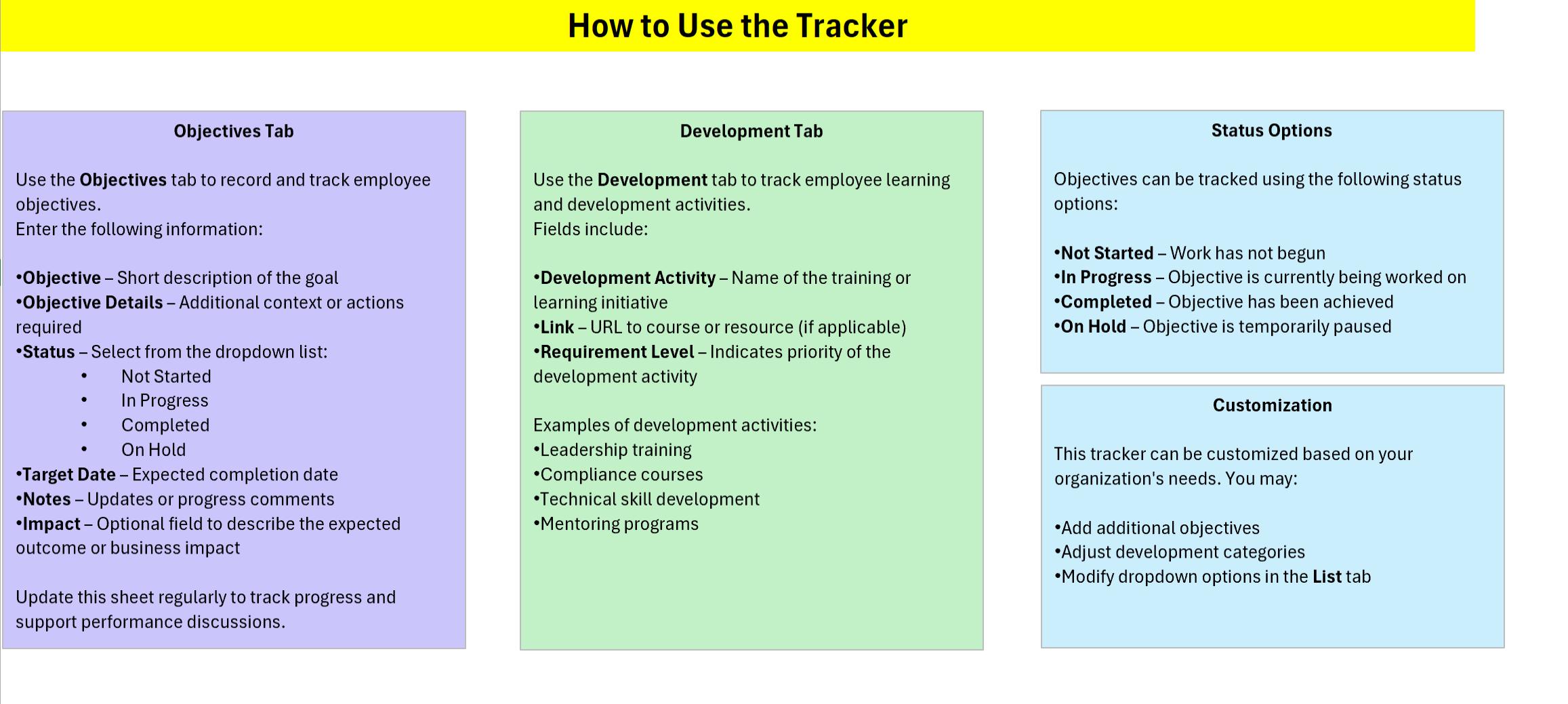 Hr Objectives Examples HR Objectives & Development Tracker Excel Template | Employee Goals ...