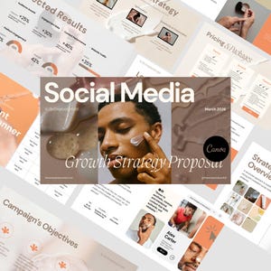 Peut inclure: Mise en page de présentation intitulée « Proposition de stratégie de croissance des médias sociaux » avec une image centrale d'une personne appliquant des soins de la peau. La conception comprend des tons orange et beige, avec du texte et des graphiques.