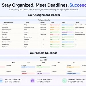May include: A digital assignment tracker and smart calendar template featuring a table with columns for assignment name, subject, due date, priority, status, and notes, followed by a June 2026 calendar view with color-coded entries for students.