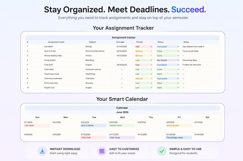 May include: A digital assignment tracker and smart calendar template featuring a table with columns for assignment name, subject, due date, priority, status, and notes, followed by a June 2026 calendar view with color-coded entries for students.