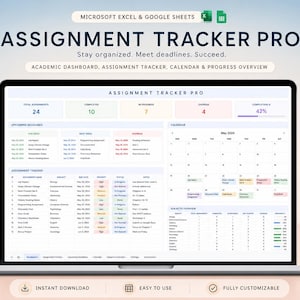 May include: A laptop screen displaying the Assignment Tracker Pro digital dashboard for Microsoft Excel and Google Sheets. The interface features a summary of assignments, a calendar for May 2024, a detailed assignment tracker list, and a subjects overview.