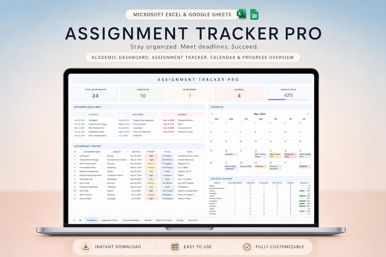 May include: A laptop screen displaying the Assignment Tracker Pro digital dashboard for Microsoft Excel and Google Sheets. The interface features a summary of assignments, a calendar for May 2024, a detailed assignment tracker list, and a subjects overview.