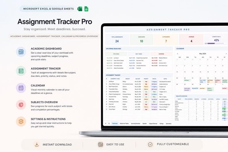 May include: A digital Assignment Tracker Pro dashboard displayed on a laptop screen, featuring an academic dashboard, assignment tracker, calendar, and progress overview for Microsoft Excel and Google Sheets with organized data tables and charts.