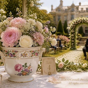 May include: A white porcelain urn-style vase with gold trim and floral motifs, filled with a bouquet of pink and white flowers. Next to it sits a small card labeled Table 4, a clear textured glass, and a small candle holder on a white tablecloth.
