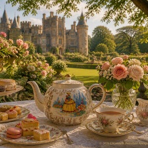 Op de afbeelding: Een porseleinen theeservies met een theepot met victoriaanse illustratie, een theekopje, een melkkannetje en bordjes met gebak en scones. De set staat op een kanten tafelkleed met een kasteel op de achtergrond. Tekst: 2026 O'Connell Porcelain Antique Art.