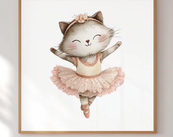 バレリーナ猫のベビー用壁掛けアート 子猫6匹セット ピンクの女の子の部屋の装飾 バレエ動物プリント 印刷可能 ダウンロード