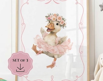 バレリーナダックのベビー用ウォールアート3点セット、女の子の部屋の装飾、ピンクのバレエダックのプリント、ベビーシャワーギフト、印刷可能なベビー用かわいいアヒルの子