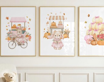 うさぎの保育園の壁飾り 3点セット 女の子の部屋の装飾 カボチャの花 秋 ベビーシャワー 印刷可能なギフト