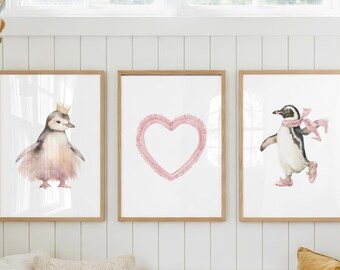 バレリーナペンギンのベビー用壁掛けアート装飾3点セット 女の子のベビー部屋装飾 ピンクのベビー用プリント バレエ動物装飾