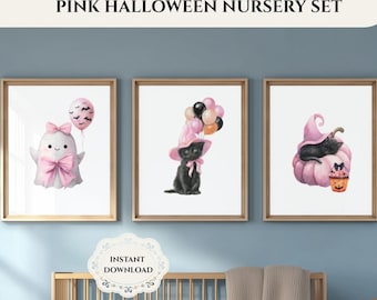 ハロウィンの子供部屋用ウォールアート3点セット、黒猫、幽霊、カボチャのプリント、ピンクの子供部屋装飾、女の子の部屋、不気味な秋のデジタルポスター
