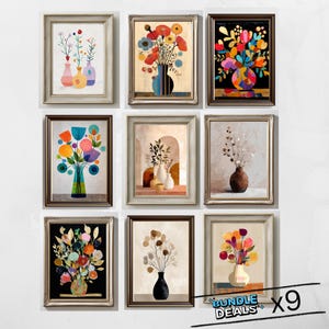 May include: Nine framed art prints displaying floral arrangements in vases. The artworks vary in style, from abstract to realistic. The frames are in different colours, and the overall theme is decorative home decor, suitable for various rooms.