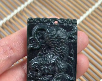 Dark Green Jade Tiger Pendant Fortune Amulet Zodiac Year Necklace