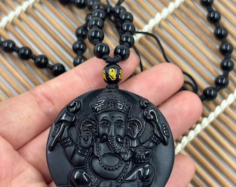 Natural Black Obsidian Ganesha Pendant Mantra Bead Necklace Protection Amulet Jewelry