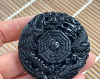 Natural Dark Green Jade Bagua Dragon Phoenix Pendant Necklace Protection Amulet Unisex