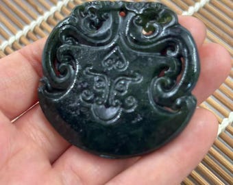 Natural Dark Green Jade Bagua Dragon Phoenix Pendant Necklace Protection Amulet Unisex Jewelry