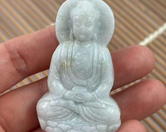 Light Green Jade Buddha Pendant Hand Carved Chinese Blessing Jewelry