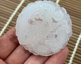 White Jade Dragon Pendant Hand Carved Round Charm Chinese Style Jewelry Random shipping