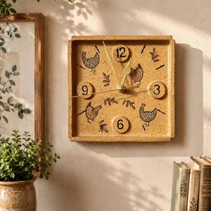 May include: A square, speckled tan ceramic wall clock featuring four black line-art illustrations of chickens and small leaf motifs. The clock face includes raised circular markers for the numbers 3, 6, 9, and 12, with thin gold-colored metal hands.