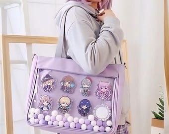 Japansk kawaii genomskinlig väska med innerficka, transparent svart axelväska, söt handväska med dubbla remmar