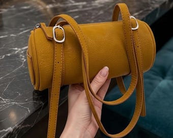 Cylinderformad axelväska, mjuk PU-läderväska, axelväska i vintagestil