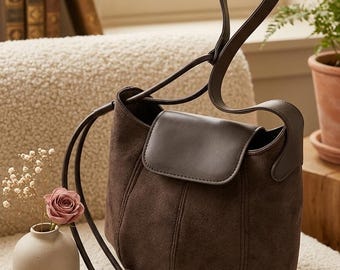 Suede Bucket Bag, Soft Leather Shoulder Purse, Minimalist Handbag