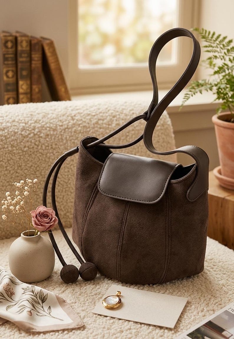 K&ouml;nnte beinhalten: Braune Wildleder-Umh&auml;ngetasche mit Klappenverschluss und langem Riemen. Die Tasche hat eine runde Form und eine dunkelbraune Lederklappe. Der Hintergrund umfasst eine Vase mit Blumen und einen kleinen Anh&auml;nger.