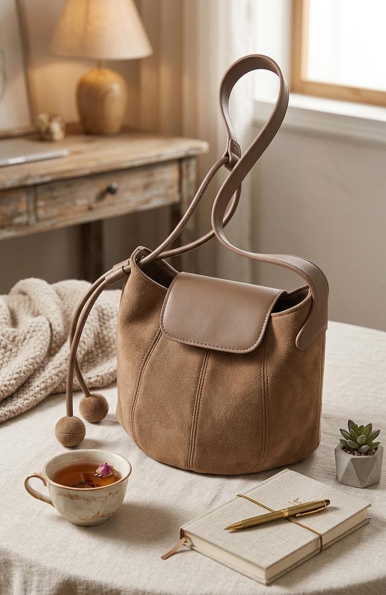K&ouml;nnte beinhalten: Eine braune Wildlederhandtasche mit &Uuml;berschlag und Tragegriff. Die Tasche hat einen Kordelzug mit zwei dekorativen Kugelakzenten. Eine Tasse Tee, ein Notizbuch und ein Stift liegen ebenfalls auf dem Tisch.