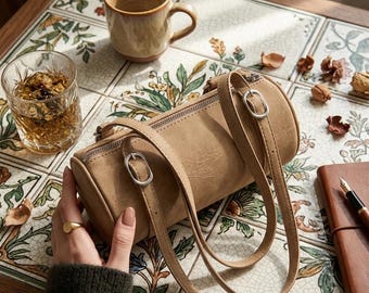 Cylinder Barrel Bag, Soft PU Leather Shoulder Purse, Vintage Style Crossbody Tote