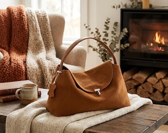 Mjuk läderväska, minimalistisk handväska med klaff, vintage tote-väska
