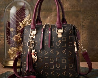 PU Leather Tote Bag, Women’s Letter Handbag with Tassel, Large Shoulder Bag