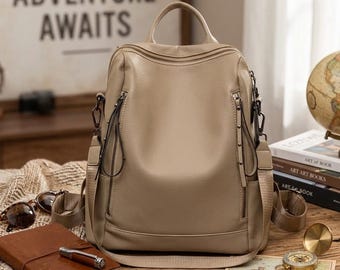 Women's Leather Backpack, Water-Resistant Travel School Bag, Mini Purse