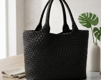 Vävd tygväska, vegansk läderaxelväska, stor elegant strandväska
