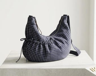 Grid Muster Hobo Bag: Kordelzug Schulter Crossbody Tragetasche