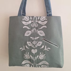 Upcycled Denim Handbag | Green Embroidered Shoulder Bag