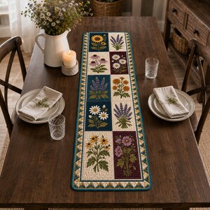 May include: A rectangular table runner featuring a patchwork design of various floral illustrations including sunflowers, daisies, and lavender in shades of blue, cream, and burgundy, finished with a teal border with a geometric triangle pattern.
