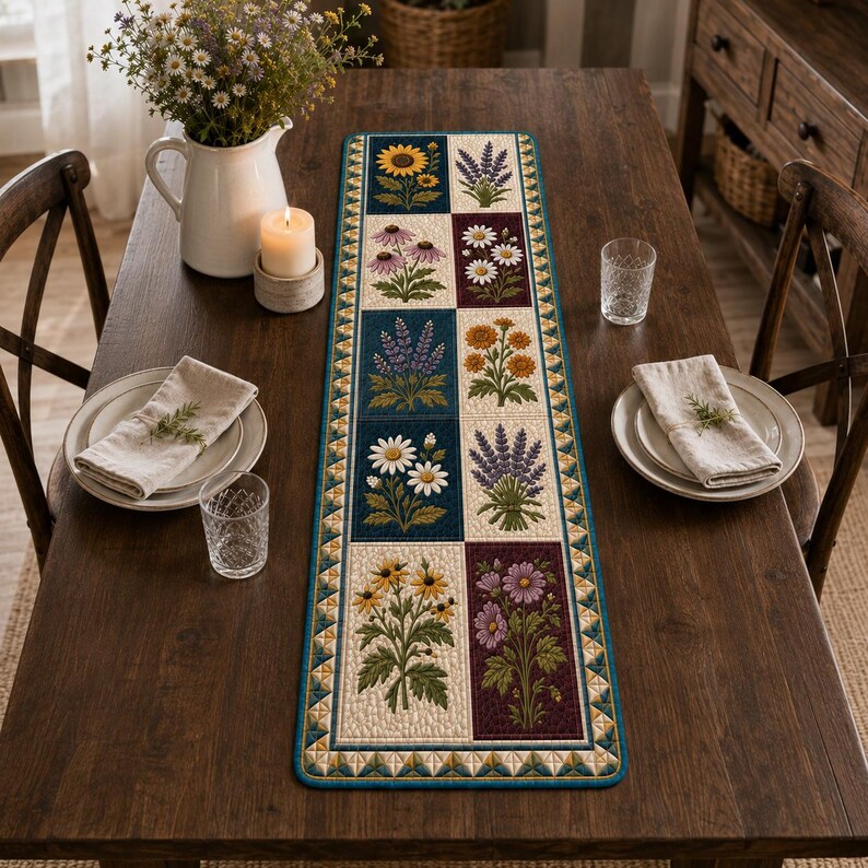 May include: A rectangular table runner featuring a patchwork design of various floral illustrations including sunflowers, daisies, and lavender in shades of blue, cream, and burgundy, finished with a teal border with a geometric triangle pattern.