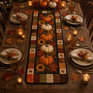 May include: A rectangular quilted table runner featuring a central panel with five pumpkins and sunflowers surrounded by a border of patchwork squares in autumn colors, placed on a wooden dining table with place settings and lit candles.