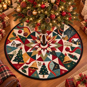 May include: A circular quilted Christmas tree skirt featuring a central star pattern in red, green, and cream. The design includes appliqued motifs of houses, pine trees, golden bells, and holly leaves, finished with a white ribbon tie closure.