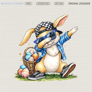 Puede incluir: Ilustración de un conejo de dibujos animados con gorra a cuadros, gafas de sol azules y camisa a cuadros azul, haciendo un dab. El conejo lleva zapatillas negras y blancas y está junto a una cesta de huevos de Pascua.