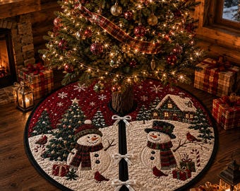 Pode incluir: Uma saia de árvore de Natal redonda e acolchoada com uma paisagem nevada, dois bonecos de neve, árvores, uma cabana e presentes. O design inclui detalhes em vermelho e branco, finalizado com três laços de fita branca na abertura.