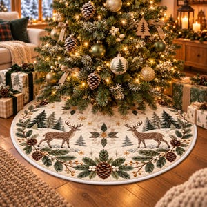 May include: A round, cream-colored quilted tree skirt featuring a repeating pattern of brown deer, green pine trees, and pinecones. The design includes a central geometric star motif and a border of evergreen branches and pinecones.