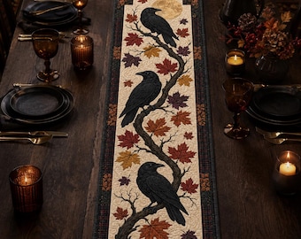 Raven Fall Table Runner, Autumn Crow Maple Leaf Dining Decor, Quilted Farmhouse Gothic Table Runner, Halloween Harvest Table Gift