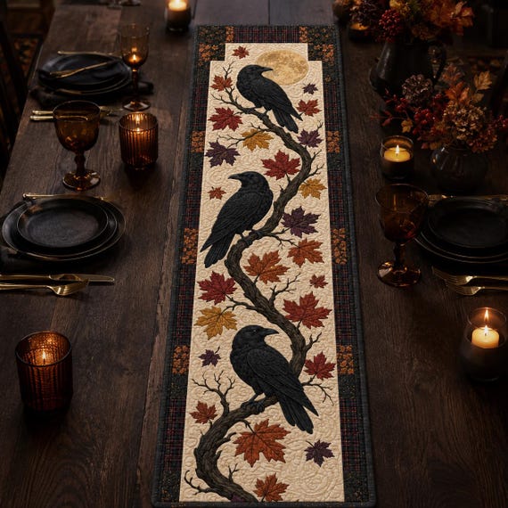 Raven Fall Table Runner, Autumn Crow Maple Leaf Dining Decor, Quilted Farmhouse Gothic Table Runner, Halloween Harvest Table Gift
