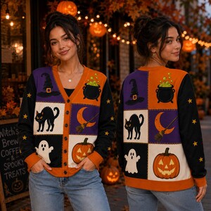 May include: A long-sleeve button-down cardigan featuring a patchwork design of Halloween icons including a witch hat, a black cat, a ghost, a bubbling cauldron, a crescent moon with a broom, and a jack-o'-lantern, accented with yellow stars.