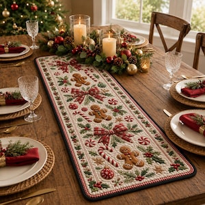 May include: A rectangular table runner featuring a quilted pattern of gingerbread people, red and white candy canes, peppermint swirls, holly leaves, red berries, and red plaid bows on a cream background with a dark border on a wooden table.