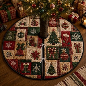 May include: A circular quilted Christmas tree skirt featuring a patchwork design of festive motifs including snowflakes, stockings, poinsettias, candy canes, bells, and wrapped gifts in a color palette of deep red, forest green, and cream.