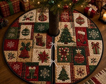 Pode incluir: Uma saia circular acolchoada para árvore de Natal com um design de patchwork de motivos festivos, incluindo flocos de neve, meias, poinsétias, bengalas doces, sinos e presentes numa paleta de cores vermelho escuro, verde floresta e creme.
