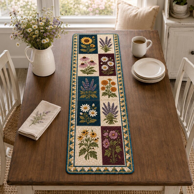 May include: A rectangular table runner featuring a grid of floral illustrations including sunflowers, lavender, and daisies. The runner has a dark blue and cream border with a geometric triangle pattern and is centered on a wooden table.