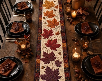 Fall Maple Leaf Table Runner, Autumn Quilted Harvest Dining Decor, Thanksgiving Farmhouse Table Runner, Rustic Kitchen Table Gift